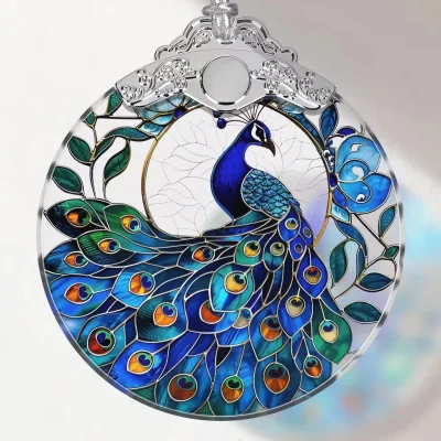 Personalized Round Shape Sublimation Blank Crystal Ornament Peacock Print Round Christmas Ornaments Glass for Uv Printing