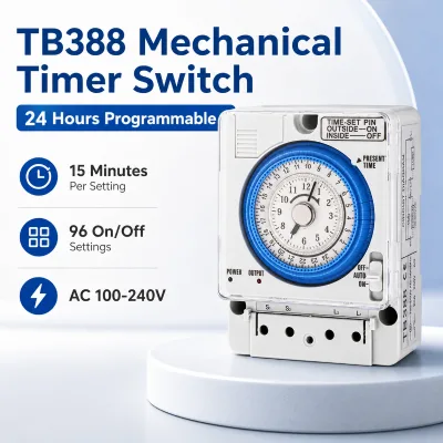TB388 Mechanical Timer Switch 24 Hour Programmable AC 100-240V DIN Rail Time Control Switch
