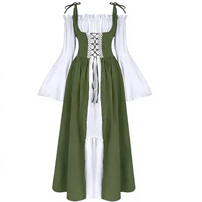 Renaissance Women's Fairy Gothic Peasant Medieval Irish Trumpet Sleeves Maxi Length Chemise Dress for Halloween Cosplay Party
