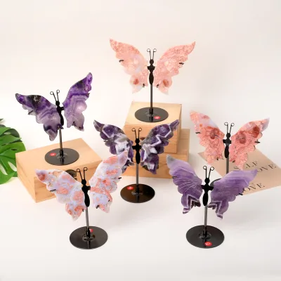 Wholesale Lovely Crystal Crafts Carved Natural Pink Agate Amethyst Crystal Butterfly Wings for Decoration