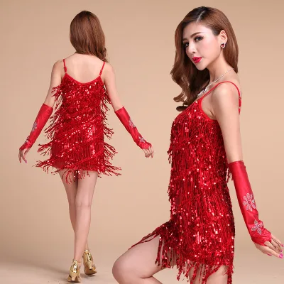 Sequined Printed Tassel Strapless Latin Ballet Dance Dress Women's Stage Costume Competition Performance Gown Spandex/Polyester