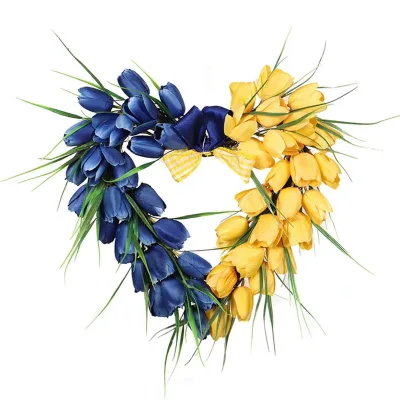 Heart Shape Easter Wreath Blue Yellow Tulips Gingham Bow Artificial Flowers Spring Door Hanging Decor 45cm 55cm