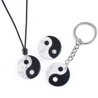 Wholesales 25mm Howlite Obsidian Ethnic Chinese-style Yin-Yang Eight Trigrams Symbol Black White Patchwork Keychain for DIY