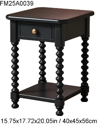Vintage Black Bobbin Leg Side Table Solid Wood Nightstand  End Table with Open Storage Shelf for Living Room Home Furniture