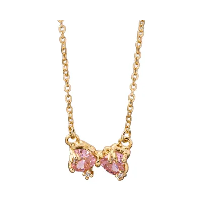 Cooper Women's Vintage Style Necklace Minimalist Delicate Pink Zirconia Bow Pendant Link Chain Cute Pink Heart Crystal Jewelry