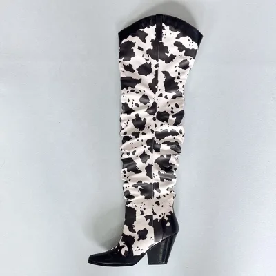 Pointy Toe Cow Print Design High Chunky Heel Boots Loose Leisure Over Knee High Booties Women Patchwork Denim Shoes Mixed Color