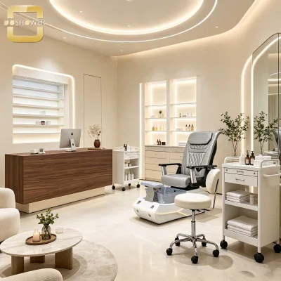 Minimalist Wood Grain Beauty Salon Reception Desk Built in LED Light Modern Spa Front Desk for Aesthetic Clinic & Beauty Shop