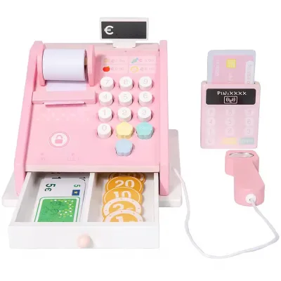 Children Wooden Solid Early Educational Montessori Learning Grocery Pretend Kit Cash Register Shopping Set Toy for 2-4 Years
