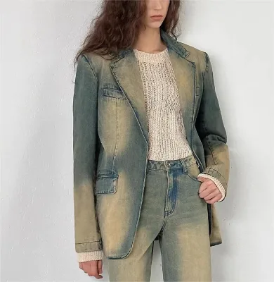 Ladies Dark Blue Vintage Lapel Slim Waist Jacket Wash Office Denim Jacket High Quality Blazer Women Denim Jackets