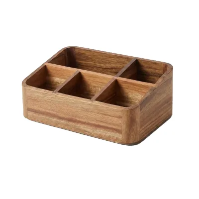 Acacia Wood Coffee Station Organizer for Countertop Tea Organizer Coffee Bar Caddy with 5 Compartments for Home Office Decor