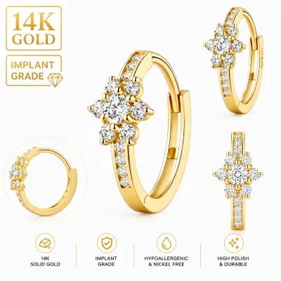 Premium 14K Solid Gold Piercing Jewelry Luxury CZ Flower Segment Ring Implant Grade Gold Clicker Hoop Conch Helix Earring
