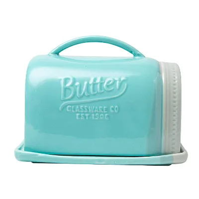 Custom Emboss Blue Glazed Mason Jar Ceramic Butter Dish with Lid