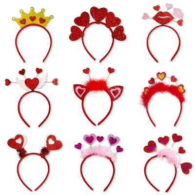 For Valentine's Day Red Heart Headband Hair Accessory Wedding Party Decoration Feather Glitter Plastic Hair Clip