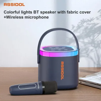 Party portable BT speaker with colored lights and fabric cover + wireless microphone