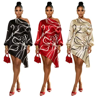 Women Satin Print One Shoulder Mini Dress Long Sleeve Waist Tie Belt Irregular Hem Party Evening Short Dress for Club Occasion
