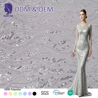 Luxury In White Bridal Tube Beaded Embroidered Sequin Lace Fabric Wholesale Sequins Embroidery Fabric for Wedding Dress