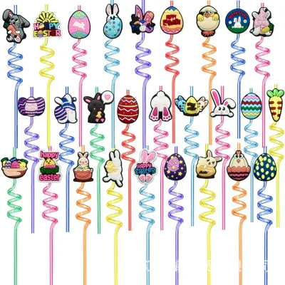 Easter Colorful Spiral PET Cartoon Decorative Reusable Art Straws with Stickers-Wholesale Available Made in China