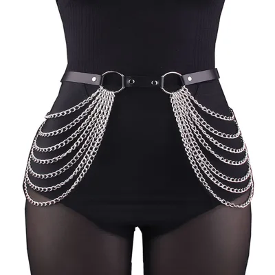 Women Black Punk PU Leather Body Waist Harness Multi Layer Metal Chain Body Belt Goth Club Outfit Accessory