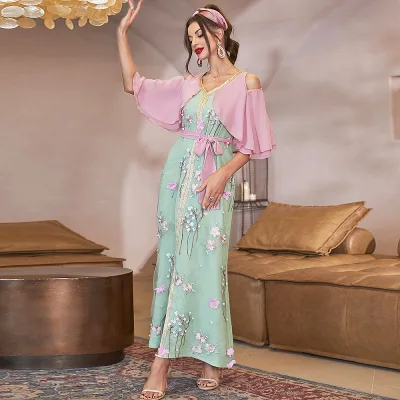 A804Manufacture Bat Short Sleeve Lace Muslim Dress Fashion Summer Abya Dubai Woman Muslim Dress