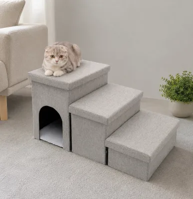 3 in 1 Pet Stairs With Built-in Cat House & Storage Foldable Dog Steps Tool Free for Senior Cats Dogs