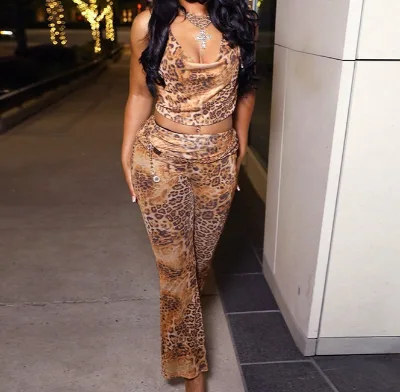 Casual Leopard Print Slim-Fit Daily Wear Halter Top and Pant Suit Backless Halter Top and High Waist Slim Pants Set