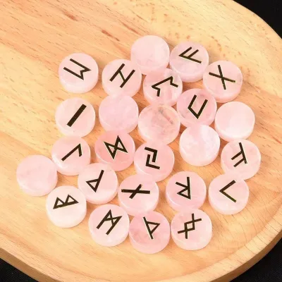 25 Pcs Set Natural Rose Quartz Tiger Eye Amethyst Witches Rune Stones Set Engraved Healing Crystal for Divination Meditation