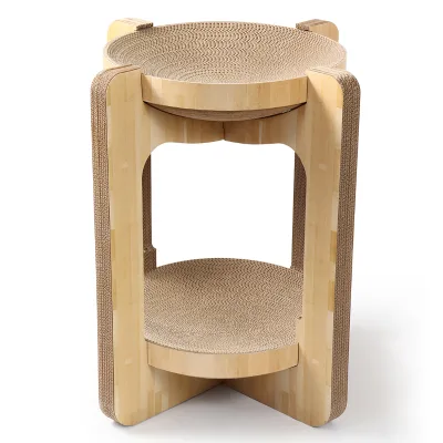 Sustainable Double Layer Wooden Cat Hut Popular Removable Cat Scratching Post with Paper Toys for Multiple Cats Play