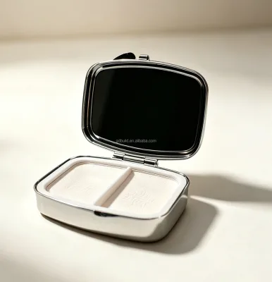 Customizable Double-Sided Foldable Handheld Metal Chrome Cosmetic Mirror Powder Separator Concealer Tray Personalized Logo 1x