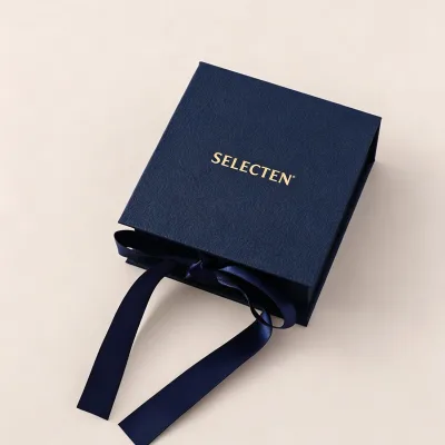 Navy Blue Square Ribbon Paper Flap Cardboard Jewelry Packaging Box with Hot Foil Logo Print Custom Box Jewelry Storage Gift Box