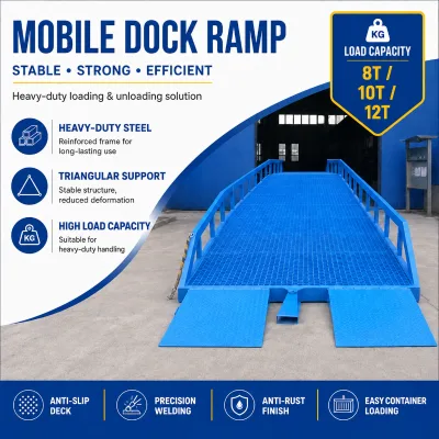 Portable Loading Bridge with Anti-Slip Steel Grating, Mobile Ramp for Truck and Warehouse Use