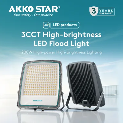 AKKOSTAR 200W 3CCT Adjustable LED Flood Light Gray Die-cast Aluminum Housing IP65 Waterproof Outdoor Stadium Lighting