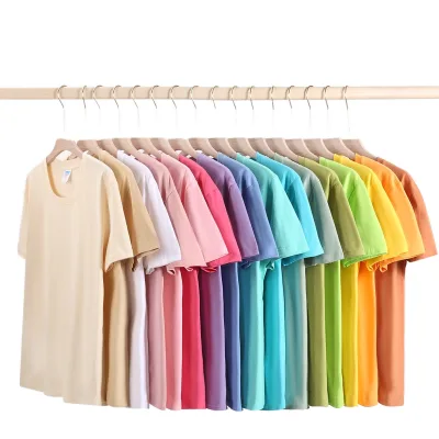 Wholesale Cheap Colorful 200g 100% Cotton Casual Knitted Blank Short Sleeve T-shirt for Women Men Solid Color Plain Teenagers