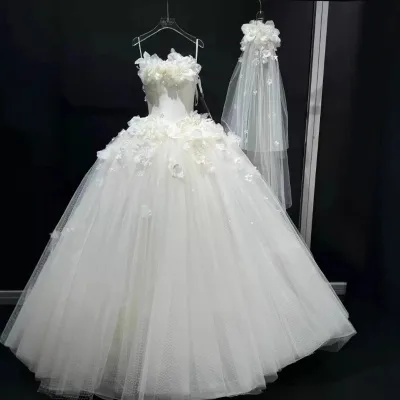 S0111A 2025 New Bridal Tube Top with Stereo Flower Lace Decoration XL Size High-End Trailing for Main Wedding Dress