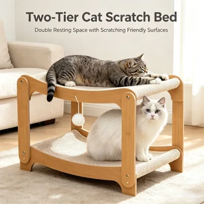 Sturdy Bamboo 3 in 1 Cat Bed Frame Double Layer Scratch Resistant Cat Lounge with Hanging Toy Pet Play Rest Station