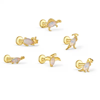 "Jurassic Ear Party": Whimsical Opal Dinosaur Studs S925 - T-Rex Stegosaurus Flat Back Labret for Boutique OEM
