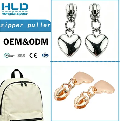 Hengda Factory Customized Highquality Double Zipper Pull Heart Puller Zipper love Zine-alloy Coat Heart-shape Zipper Pull