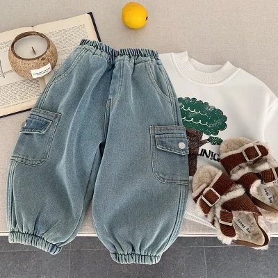 Children's Clothing Boys' Jeans Kids' Pants 2026 New Spring Fashion Long Washed Denim Trousers with Ankle Cuffs Baby Workwear