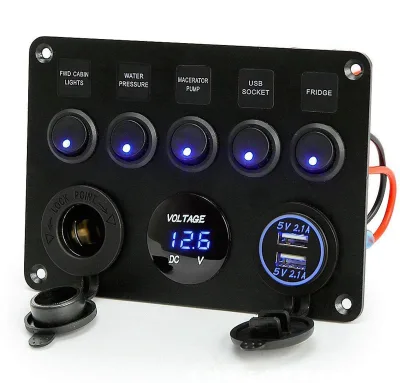 12V Waterproof RV Led Switch Panel Aluminum Pre-Wired 5 Gang Rocker Switch Panel for Marine Boat Car Vehicles Truck Blue Lighted