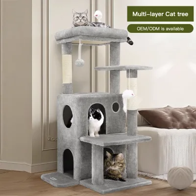 Classic Multi Layers Cat Tree With Plush Cat Nest Hanging Balls Scratching Post Grey OEM/OEM Accepted