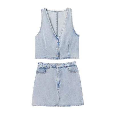 High Quality Custom Solid Color Women Denim Skirt Two Piece Set Summer Tank Top and Skirt Two Piece Denim Sets for Women