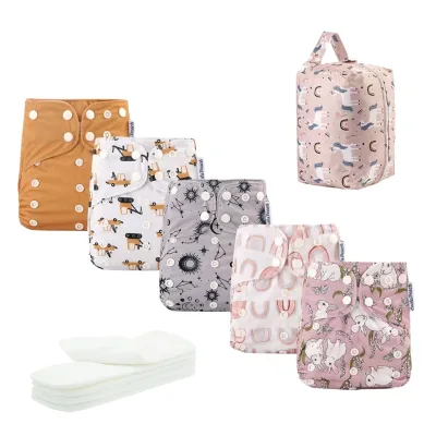 Baby Cloth Diaper Set One Size Adjustable Washable Reusable Pocket Diapers with Inserts Overnight
