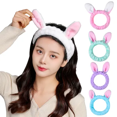 Women's Cute Rabbit Ears Coral Fleece Plush Comfortable Soft Fashion Hairband with Elastic Spa Headband for Shower Washing Face
