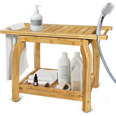 Wholesale Bamboo Shower Stool Chair Wooden Bathroom Bench with Storage Shelf Bath Seat for the Elderly Spa Bathroom