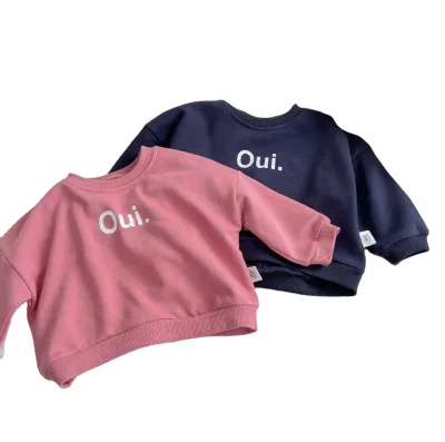 Spring Autumn Korean Style Kids Letter Customize Embroidered Round Neck Oversize Sweatshirt Simple Kids Girls Baby Hoodie
