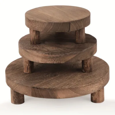 3pcs Rustic Brown Antique Style Wooden Display Riser Pedestal Stand 3 Layers for Home Decor Organizing Model Painting Pattern