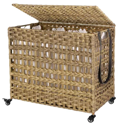 Modern Eco Friendly Handmade Durable Section Willow Plastic Wicker Storage Laundry Basket With Liner Lid Bedroom Living Room