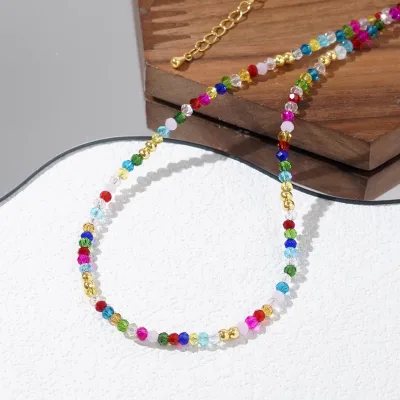 Sweet New Hot Selling Mix Color Crystal Beaded Copper Vintage Necklace Sweet Cute Girl Style Crystal Colorful Choker Necklaces