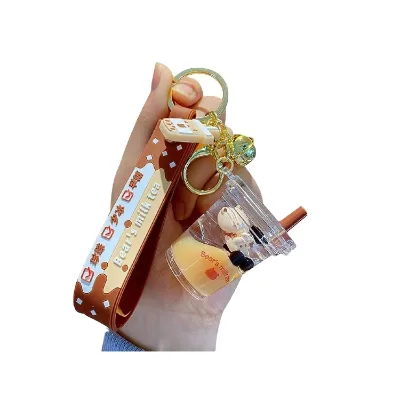 OEM Milk Tea Cup Key Ring Cartoon PVC Cat Car Accessories Mini Milk Tea Cup Liquid Crystal Sequin Plastic Keychain Toys
