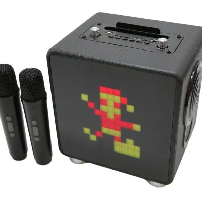 Bluetooth Speaker Rechargeable Bluetooth Karaoke Machine Lights and Two Microphone with Pixel Art