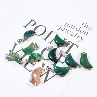 HY New Natural healing stone pendant moss agate cute moon jewelry making charm necklace for girlfriend Jewelry